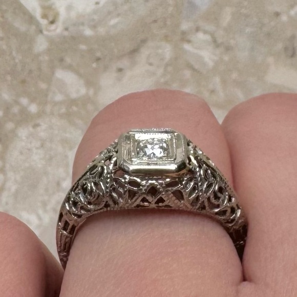 Diamond 18k White Filigree Edwardian Ring - Picture 12 of 14